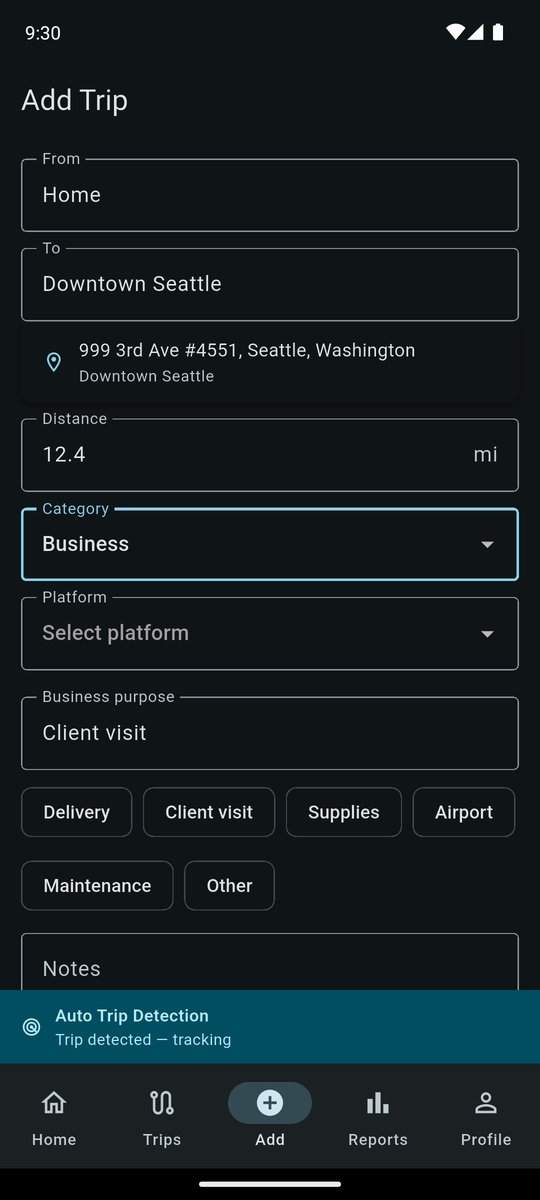 MarV Route Add trip screen