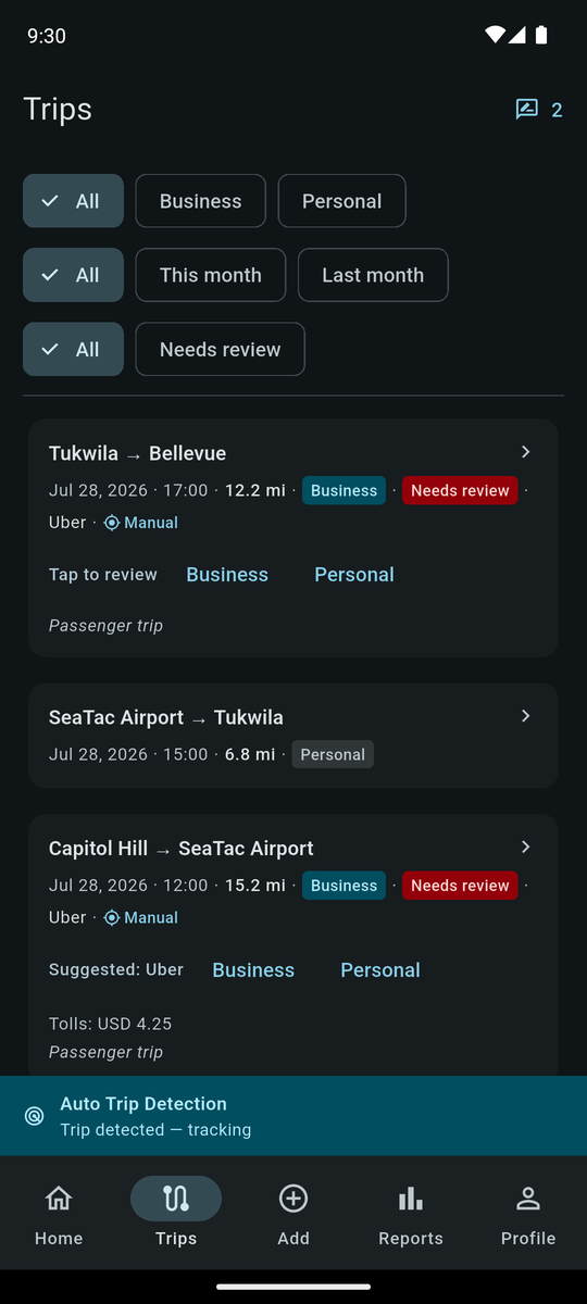 MarV Route Trips screen